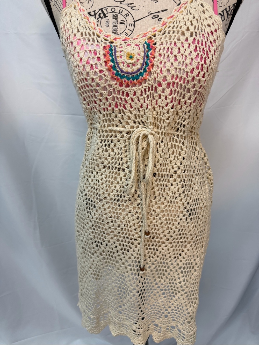 Tabu Vintage Crochet Boho Cover Up Dress Tie Waist Cream M/L
